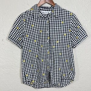 Vtg 90s Sunflower Gingham Blouse Small Check Cotton Embroidered Cottage Garden